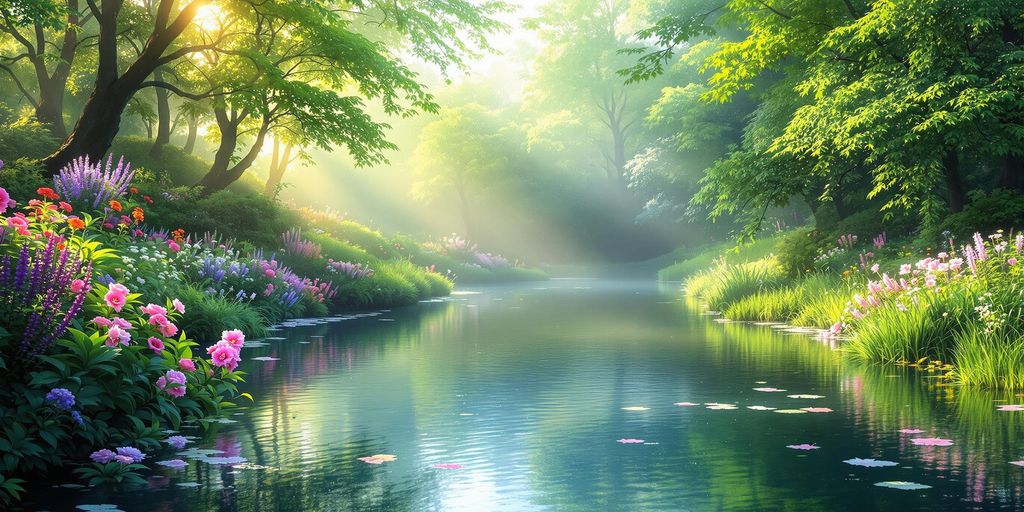 Peaceful river and greenery promoting relaxation and calmness.