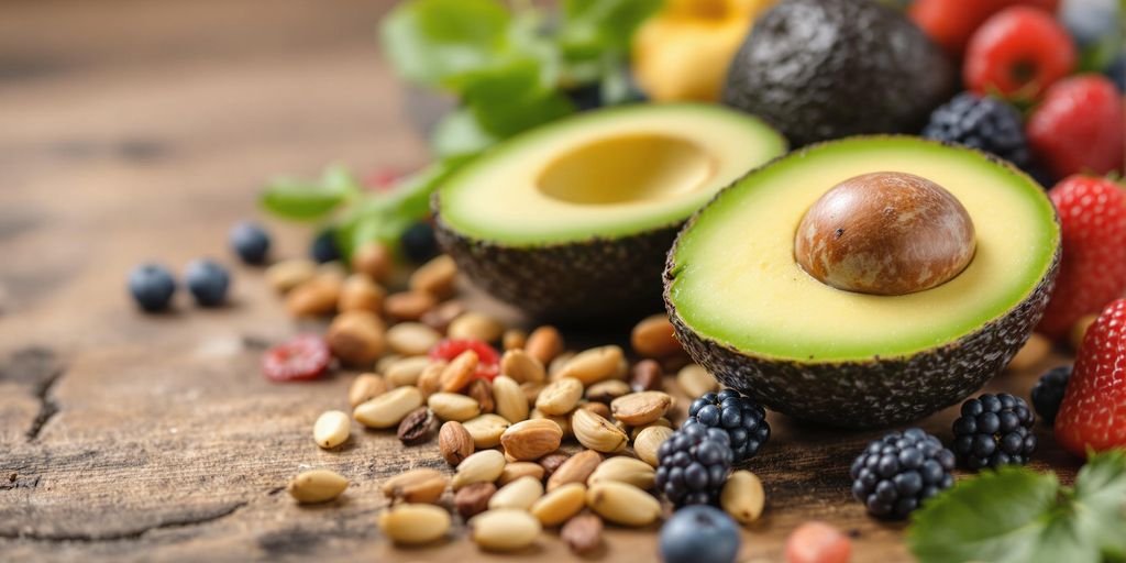 Healthy foods like avocados and berries on wooden table.