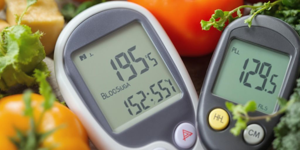 Glucose meter with high levels and healthy foods surrounding it.