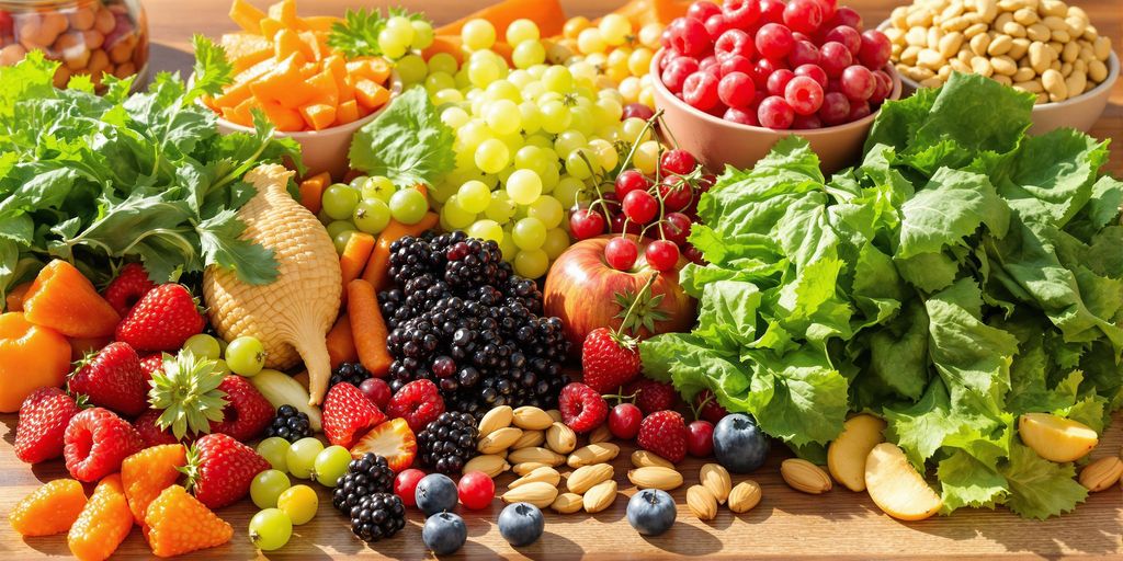 Fresh fruits and vegetables on a wooden table.