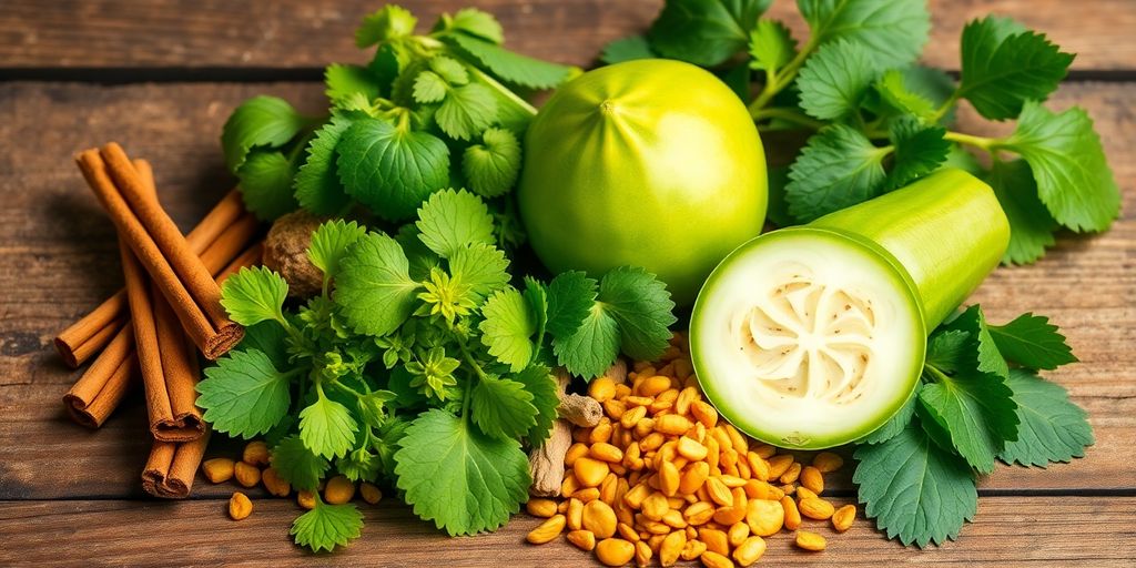 Fresh herbs for blood sugar management on wooden surface.