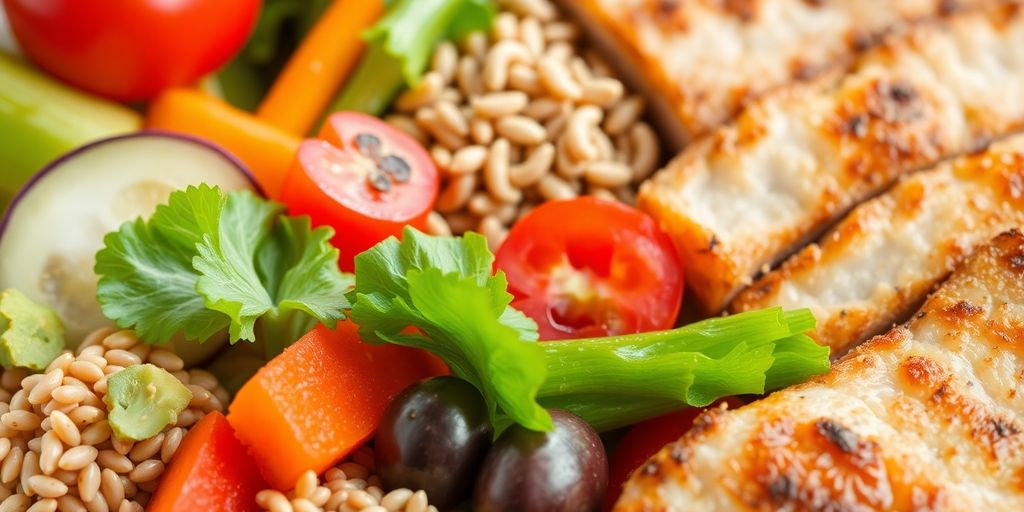 Healthy meal with vegetables, grains, and protein for diabetes.