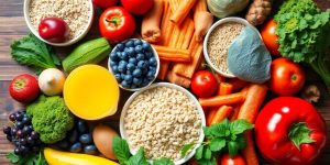 Healthy foods for diabetes management on a wooden table.