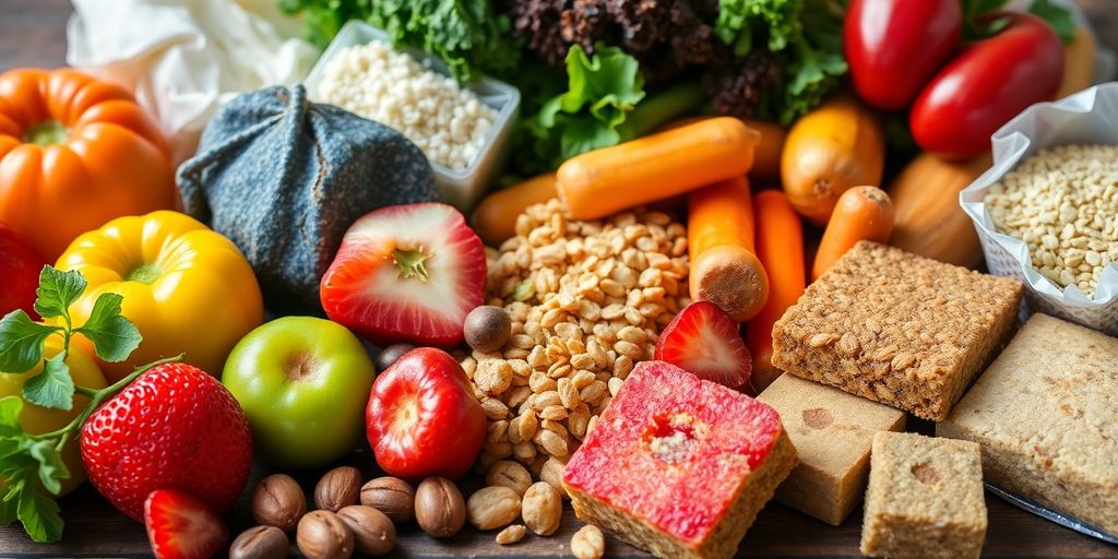 Colorful foods affecting blood sugar on a wooden table.