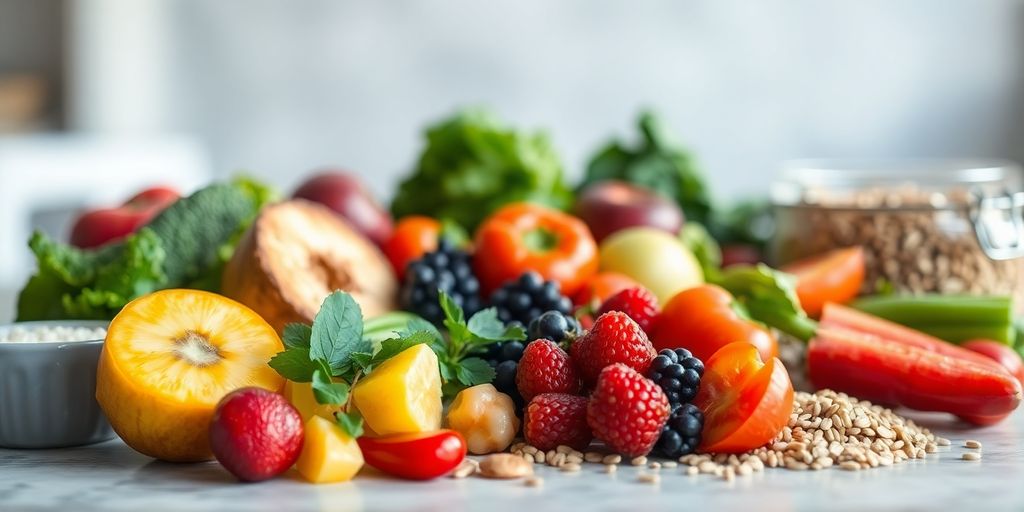 Colorful healthy meal with fruits and vegetables.