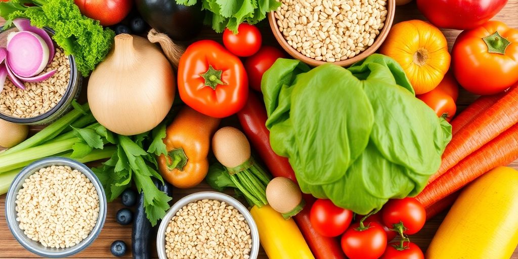 Fresh vegetables, fruits, and whole grains on a wooden table.