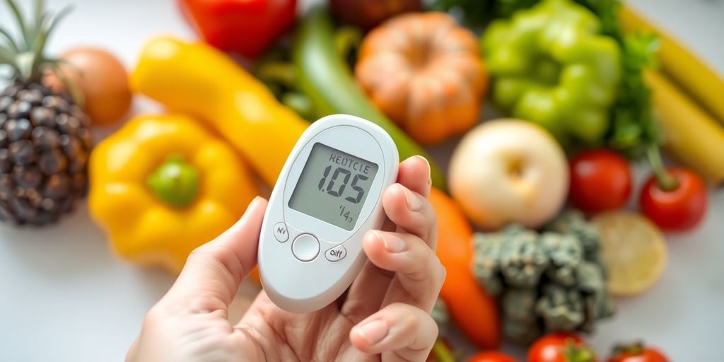 Blood glucose meter next to fresh fruits and vegetables.