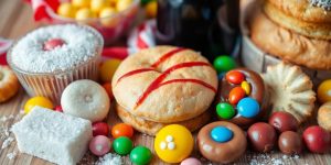 Colorful sugary foods on a wooden table.