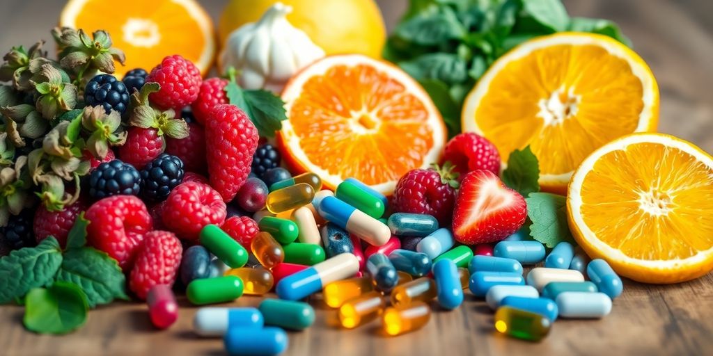 Vitamin-rich fruits and supplements on a wooden table.