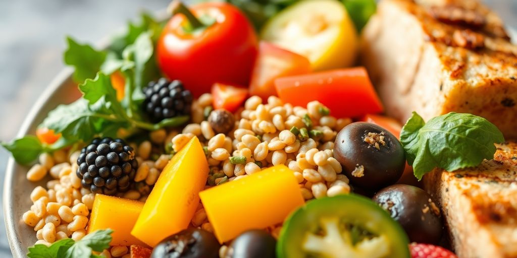 Healthy meal showcasing colorful vegetables and whole grains.