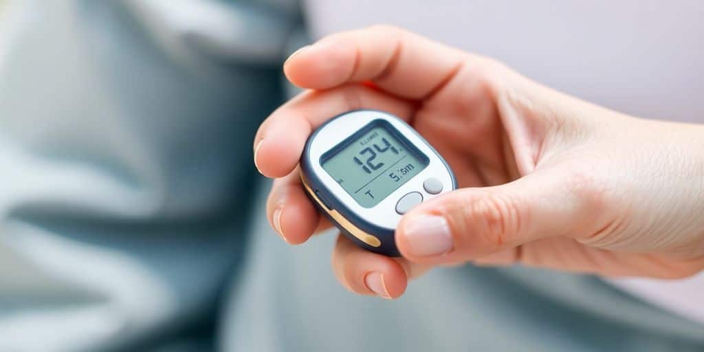 Blood glucose monitor held in hand, indicating diabetes management.